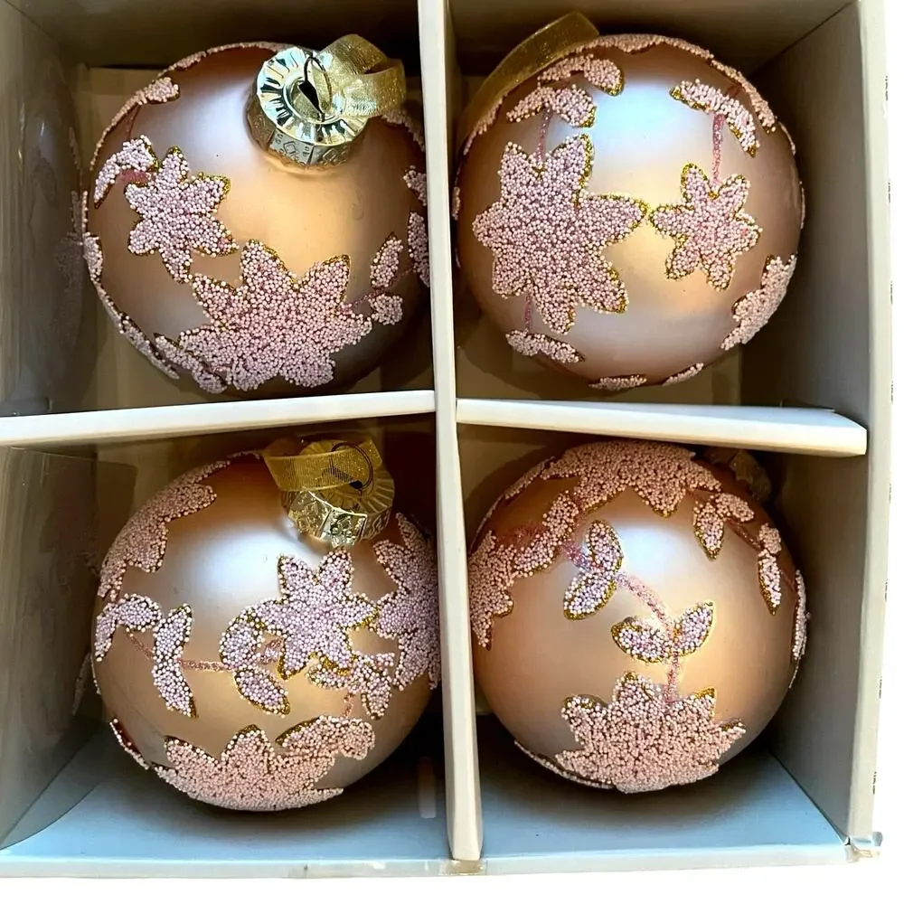 Laura Ashley Pink Beaded Glass Christmas Ornaments 3in Set of 4 Holiday Glam NEW